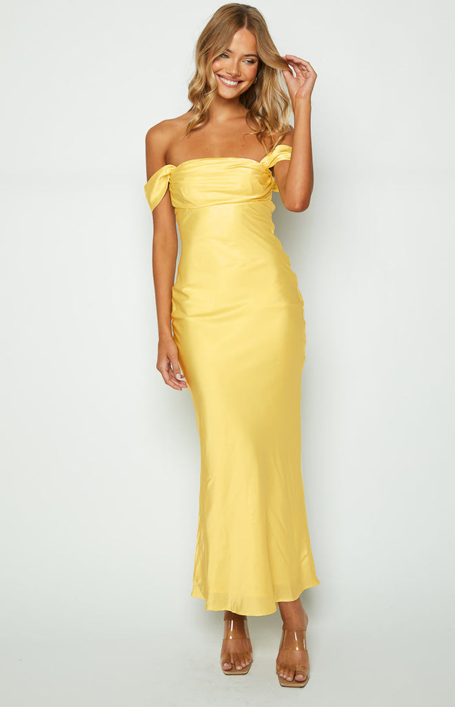 Ella Light Yellow Off Shoulder Formal Maxi Dress – Beginning Boutique NZ