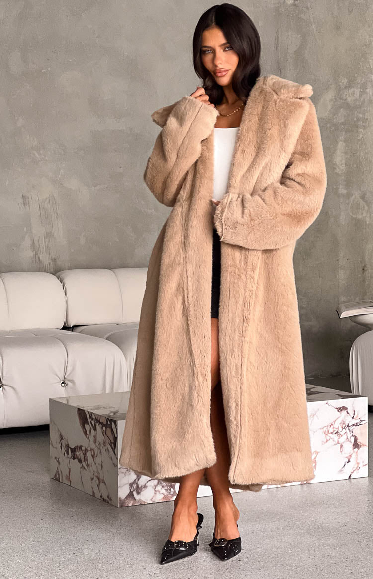 Lyrae Brown Full Length Faux Fur Coat Beginning Boutique NZ