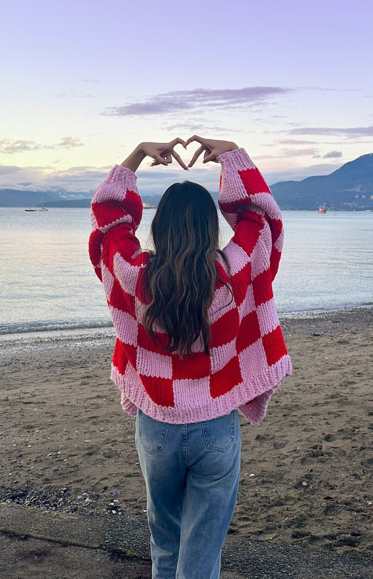 Envi Pink And Red Checkered Knit Cardigan Image