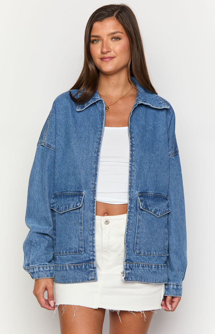 Abigail Mid Wash Denim Bomber Jacket Image