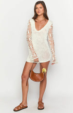 Amlee White Crochet Long Sleeve Mini Dress Image