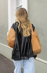 Abbi PU Black And Brown Contrast Bomber Jacket Image