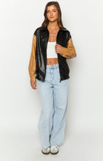 Abbi PU Black And Brown Contrast Bomber Jacket Image