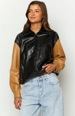 Abbi PU Black And Brown Contrast Bomber Jacket Image