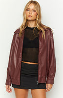 Red Faux Leather Jacket on Crystal Bellotti