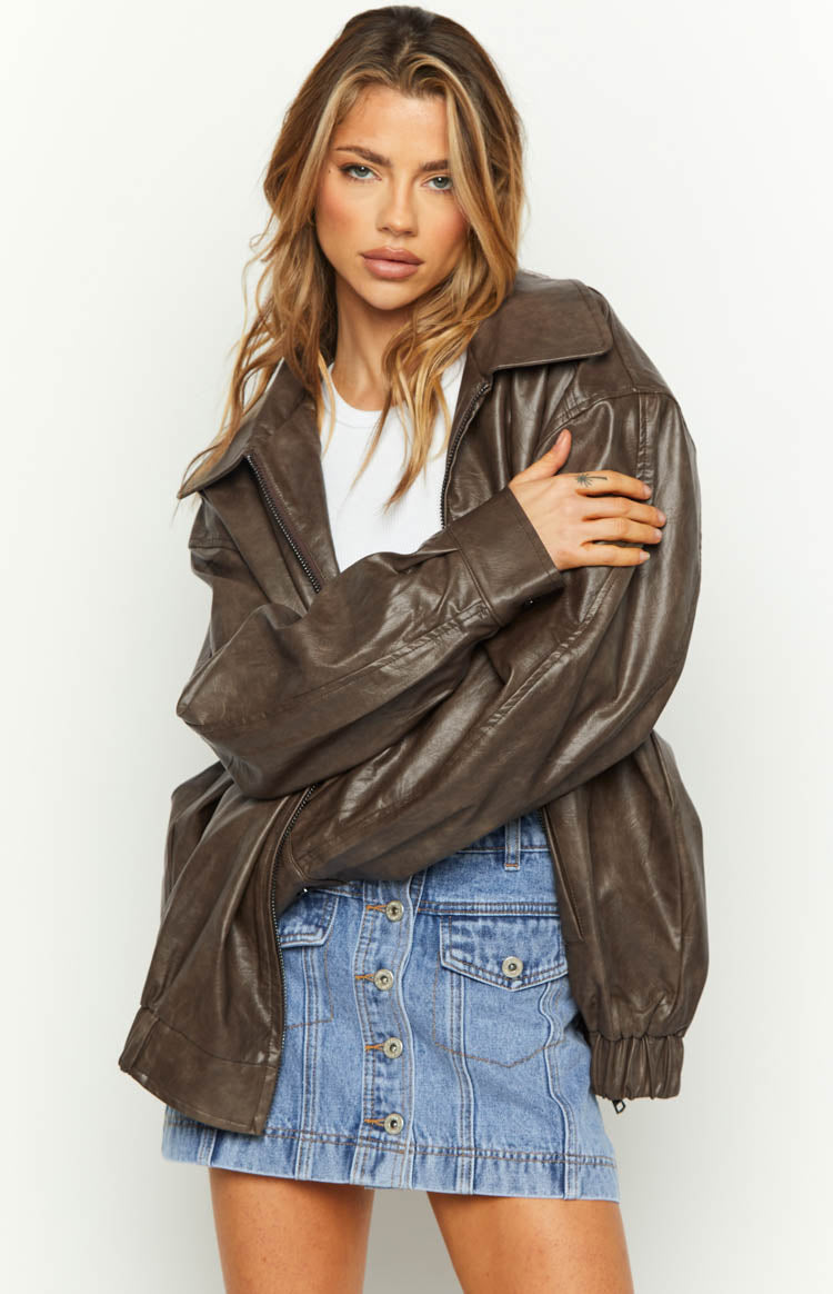 Abbi PU Vintage Brown Bomber Jacket Image