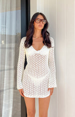 Alessia White Crochet Knit Long Sleeve Mini Dress Image