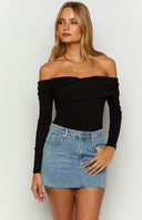 Black long sleeve off the shoulder bodysuit.