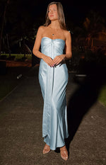 Ariella Blue Satin Strapless Maxi Dress Image