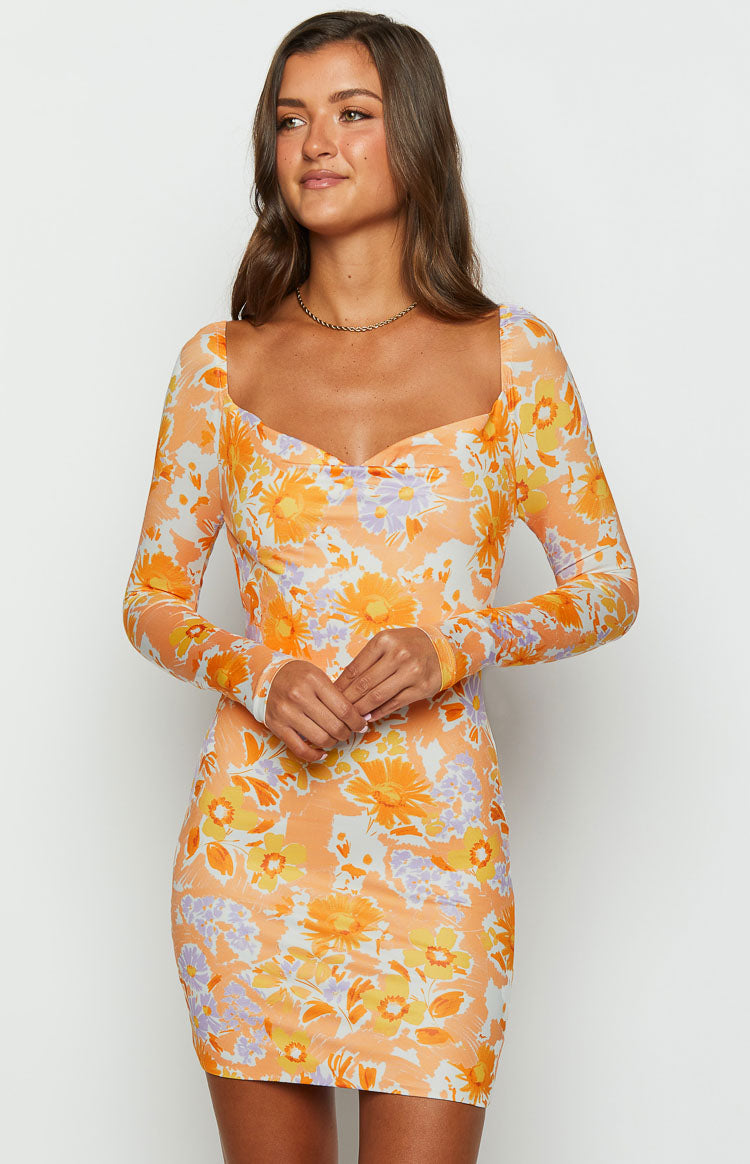 Ashi Orange Floral Long Sleeve Mini Dress Image