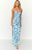 Floral blue strapless maxi dress on blonde model