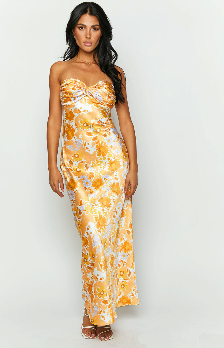 Ashley Orange Floral Formal Maxi Dress Image