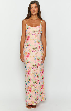 pink floral mesh maxi dress on brunette model