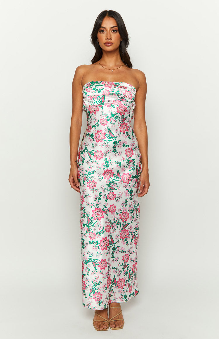 Astra Strapless Floral Satin Midi Dress Image