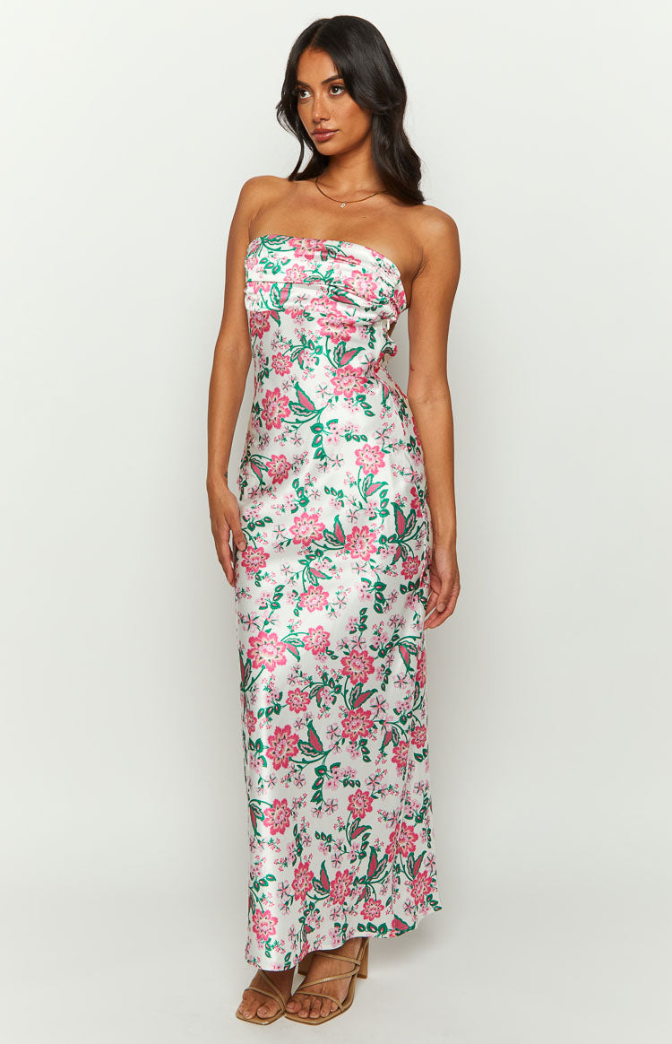 Astra Strapless Floral Satin Midi Dress Image