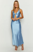 Blue satin maxi dress on brunette model