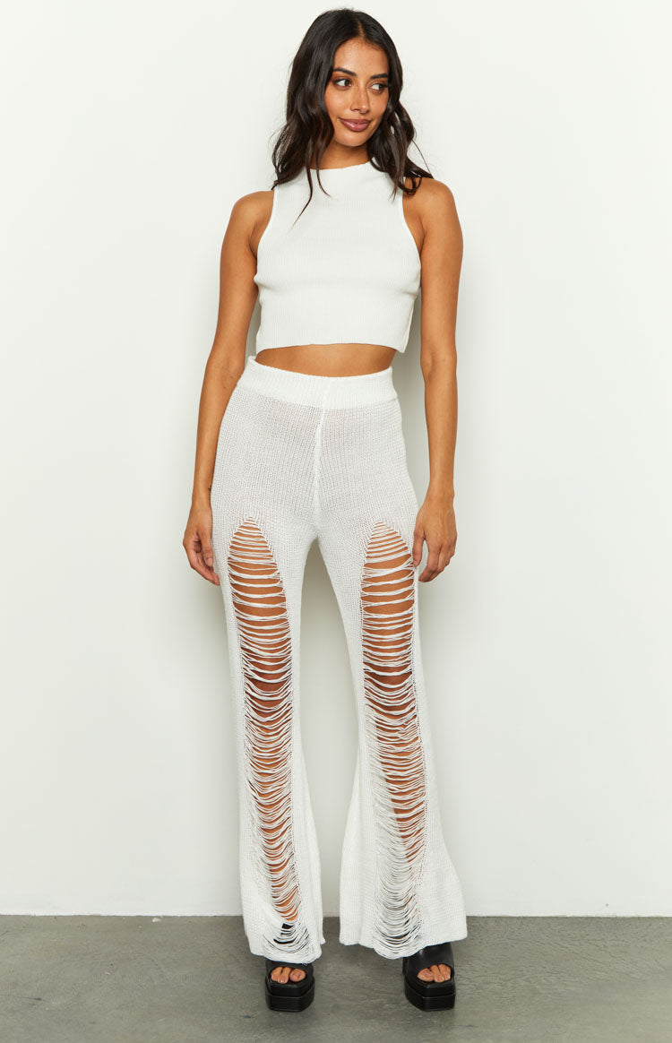 Aviva White Ladder Knit Flare Pants Image