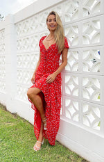 Ayla Red Floral Short Sleeve Maxi Dress Image