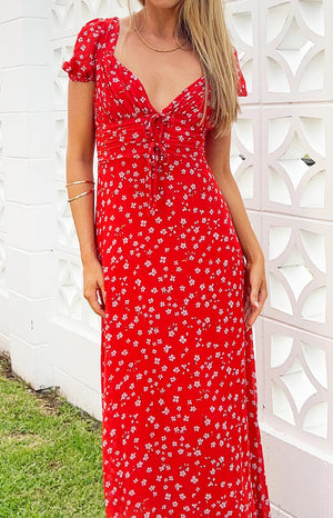 Ayla Red Floral Short Sleeve Maxi Dress