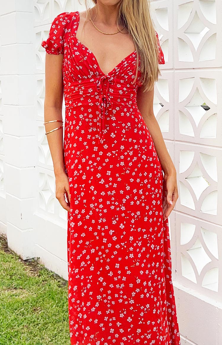 Ayla Red Floral Short Sleeve Maxi Dress Image