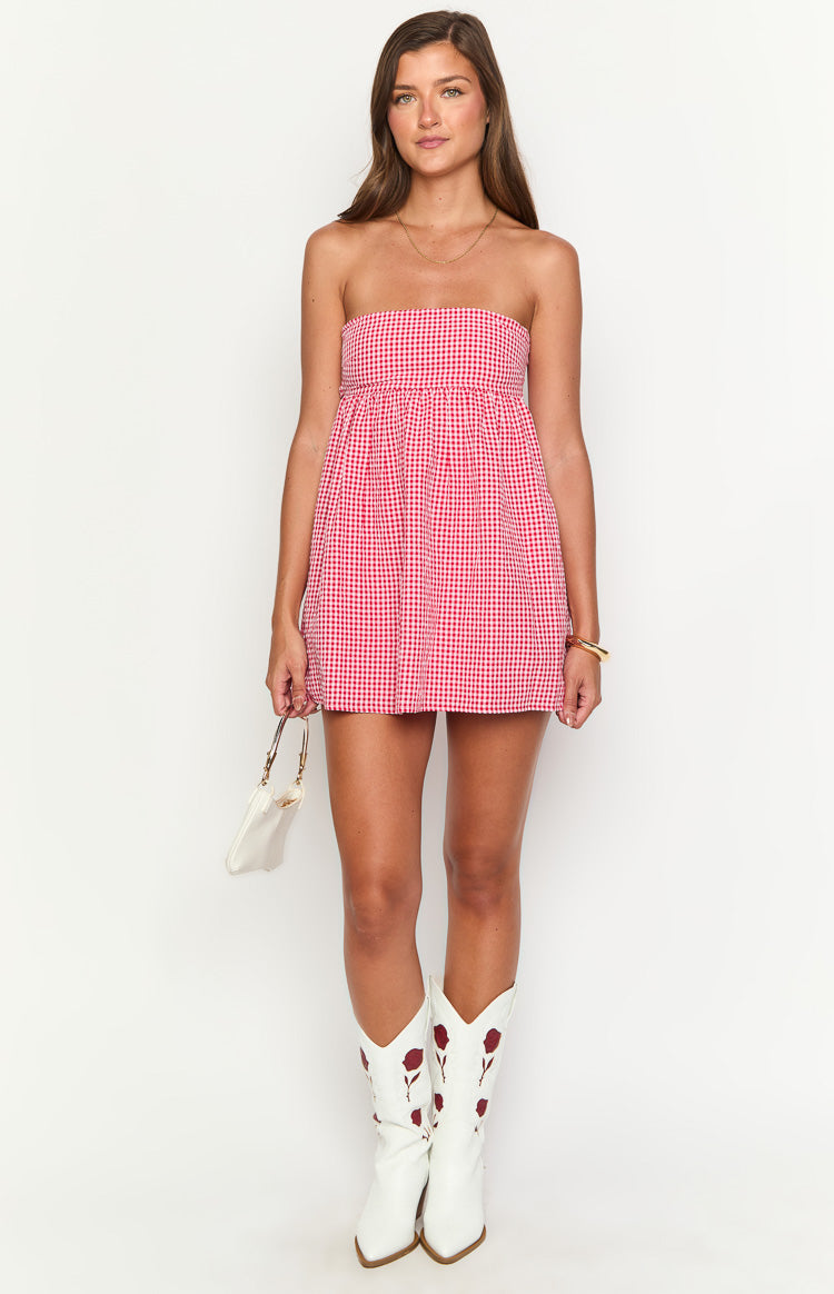 Berrie Red Gingham Strapless Mini Dress Image