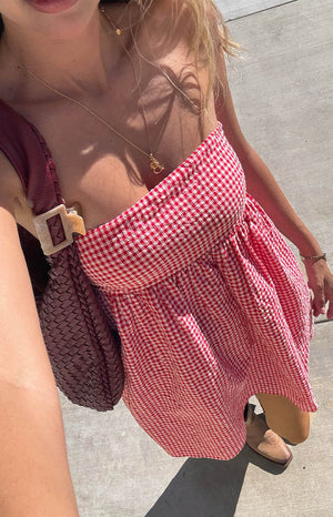 Berrie Red Gingham Strapless Mini Dress