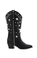 model wearing black pu leather cowboy boots with contrast white star details