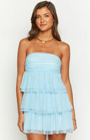 Blue strapless ruffled mini dress.