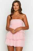 Pink strapless ruffled mini dress.