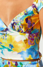 Anna Blue Floral Satin Top Image