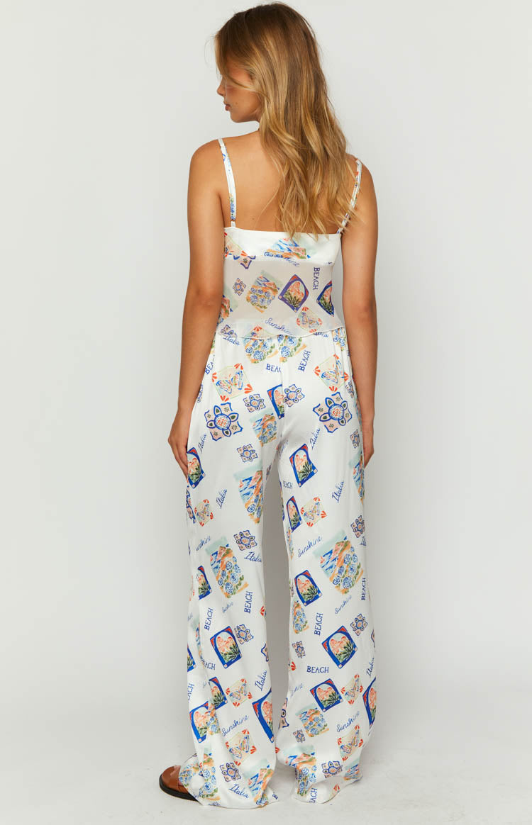 Bridget White Satin Italia Print Pants