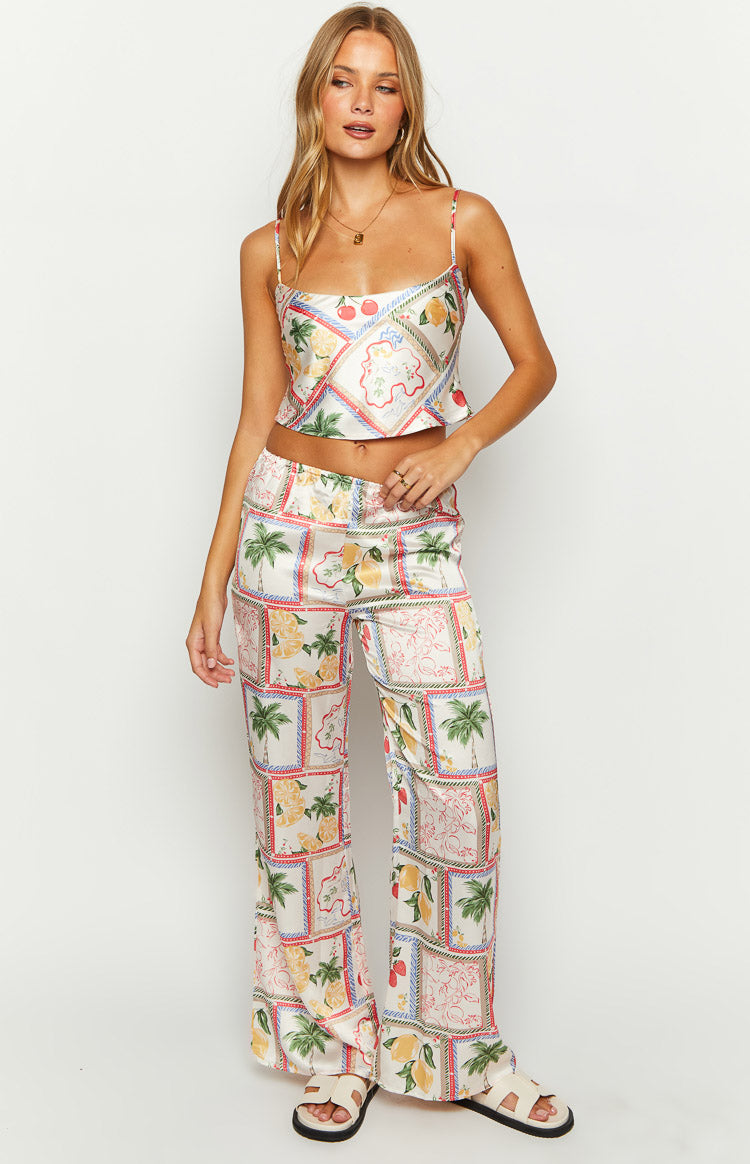 Bridget White Satin Roma Print Pants Image