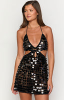 Cindy Black Sequin Crochet Mini Dress