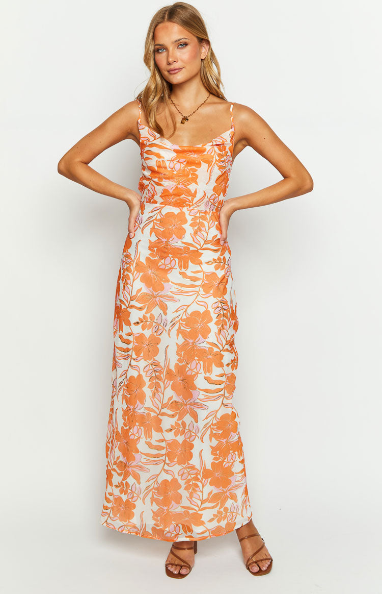 Cambri Orange Floral Chiffon Maxi Dress