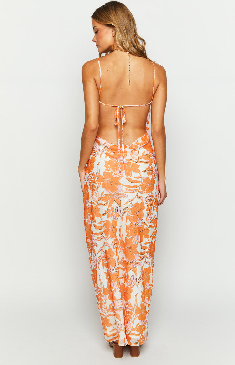 Cambri Orange Floral Chiffon Maxi Dress Image