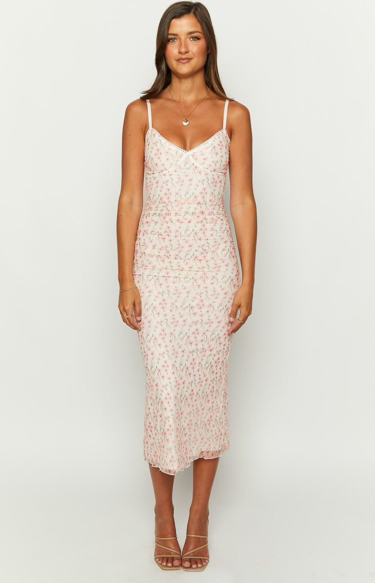 Capri Pink Floral Mesh Midi Dress