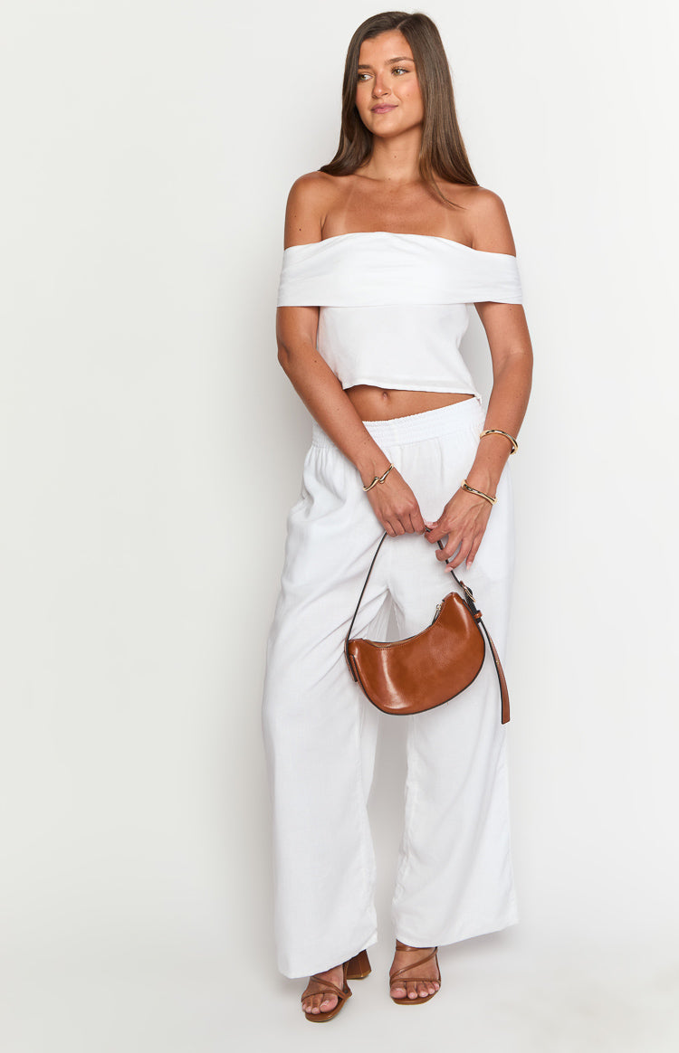 Celsia White Linen Blend Off The Shoulder Crop Top