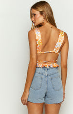 Clarisse Orange Floral Satin Crop Top Image