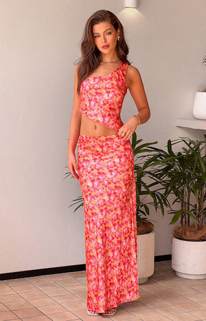 Pink and oranage floral maxi skirt styled with the matching top