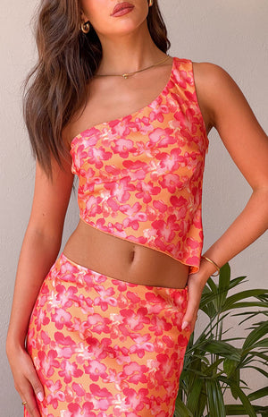 pink and oranage floral one shoulder top style it with maxi skirt