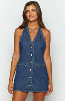 Denim halter mini dress on blonde model