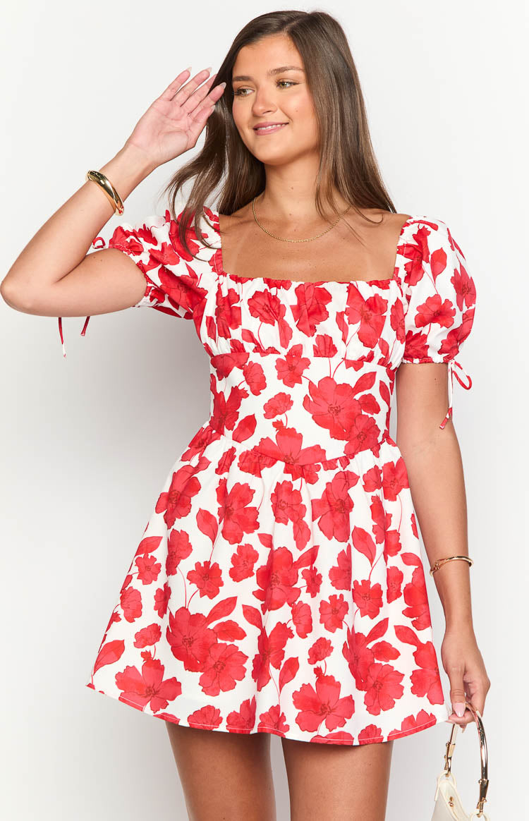 Danyal Red Anemone Floral Print Mini Dress Image