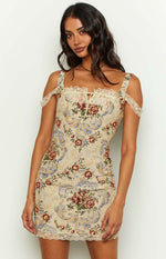 Daydreaming Beige Tapestry Mini Dress Image