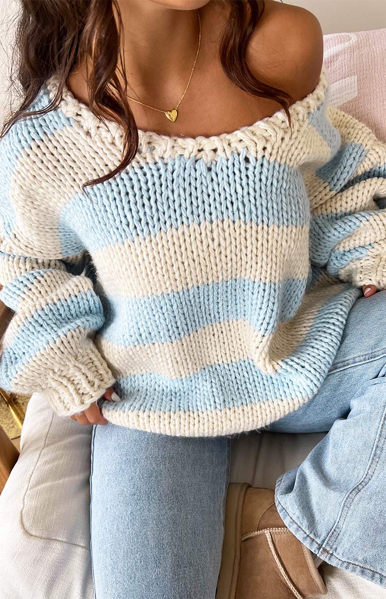 Delvey Light Blue Striped Chunky Knit Sweater Image