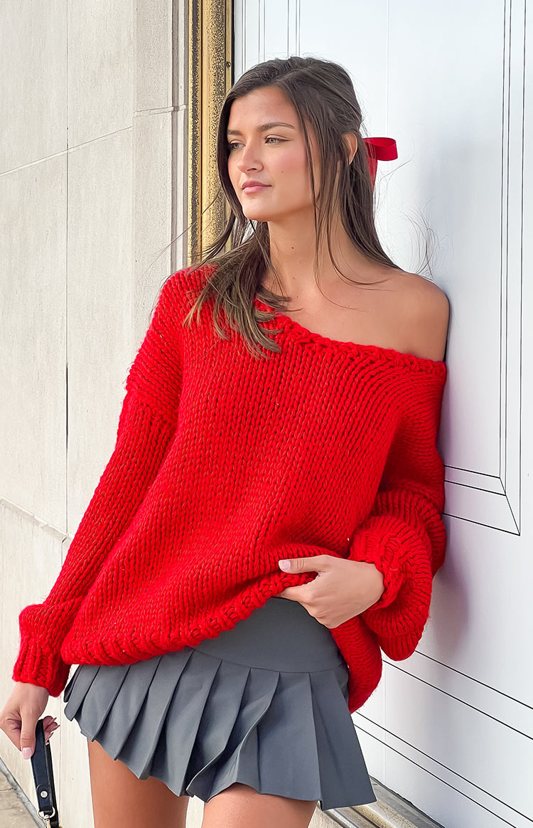 Delvey Red Chunky Knit Sweater Image