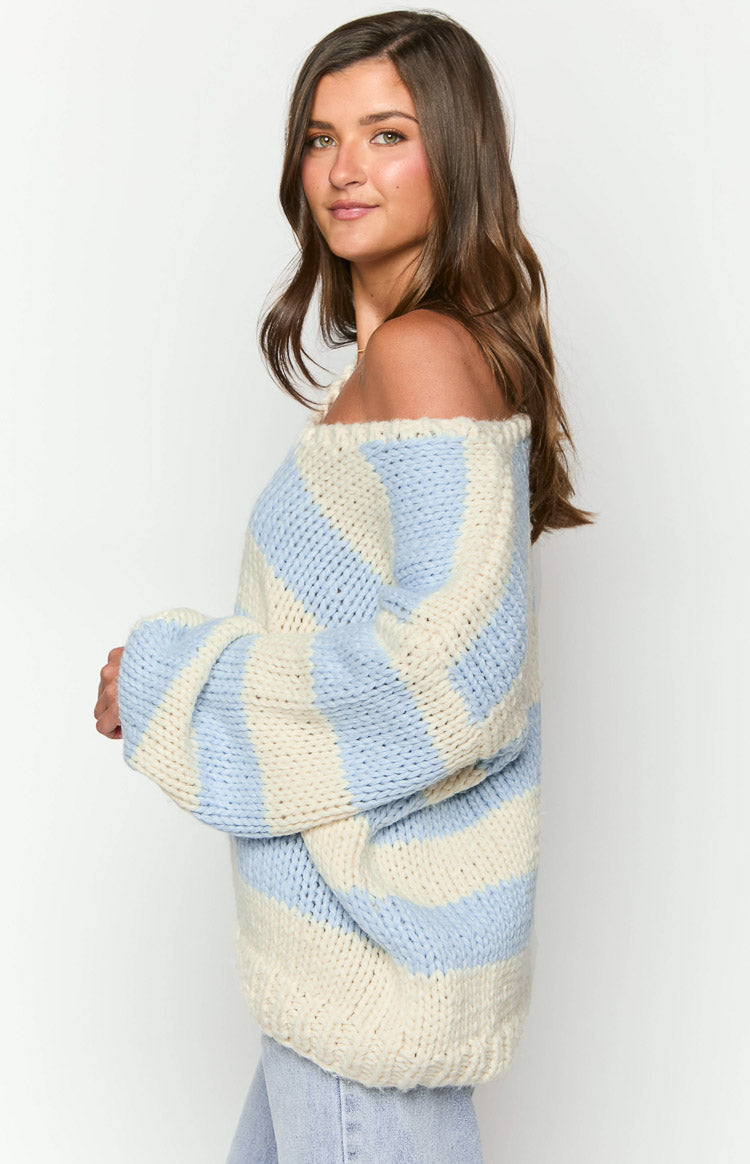 Delvey Light Blue Striped Chunky Knit Sweater Image