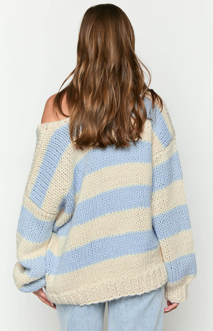 Delvey Light Blue Striped Chunky Knit Sweater Beginning Boutique NZ