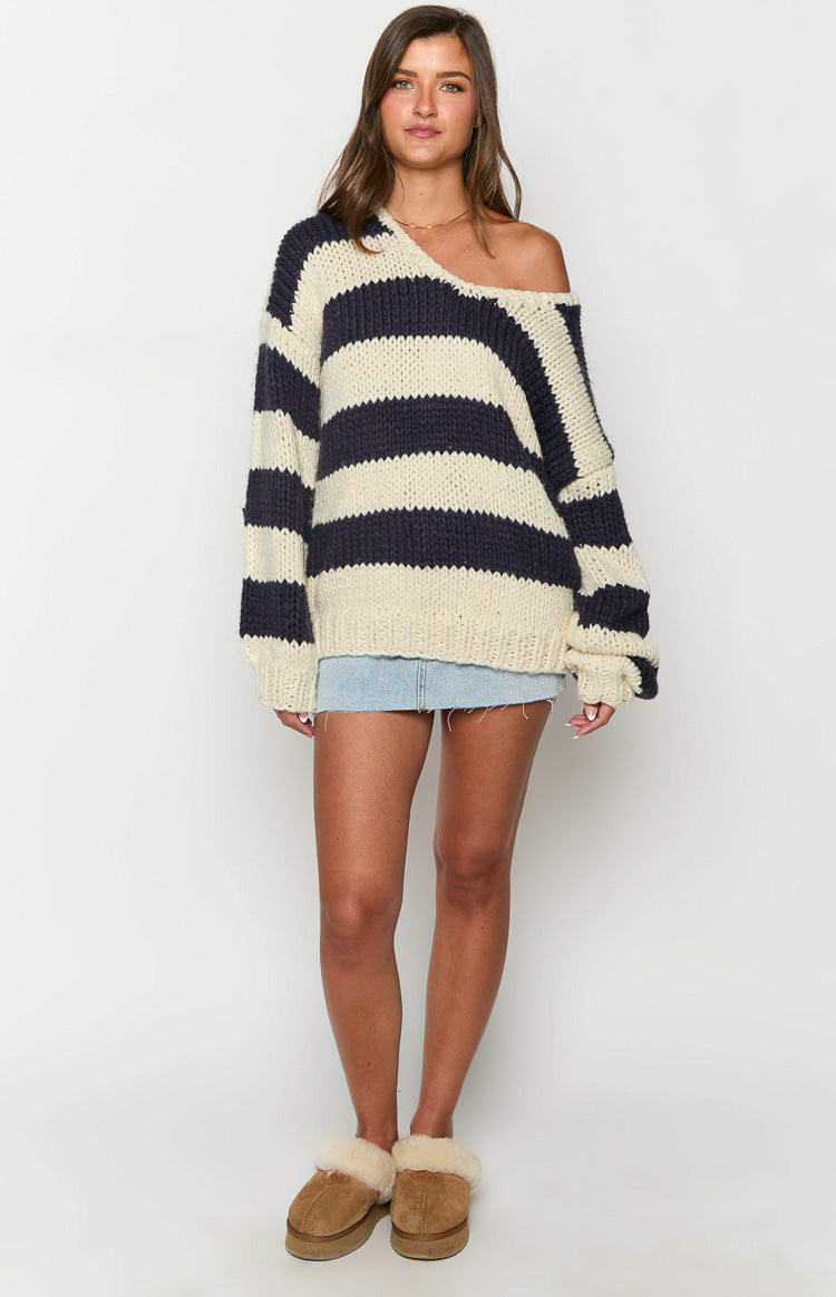 Delvey Navy Striped Chunky Knit Sweater Image