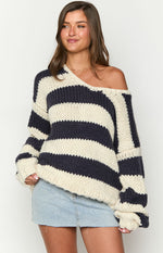 Delvey Navy Striped Chunky Knit Sweater Image