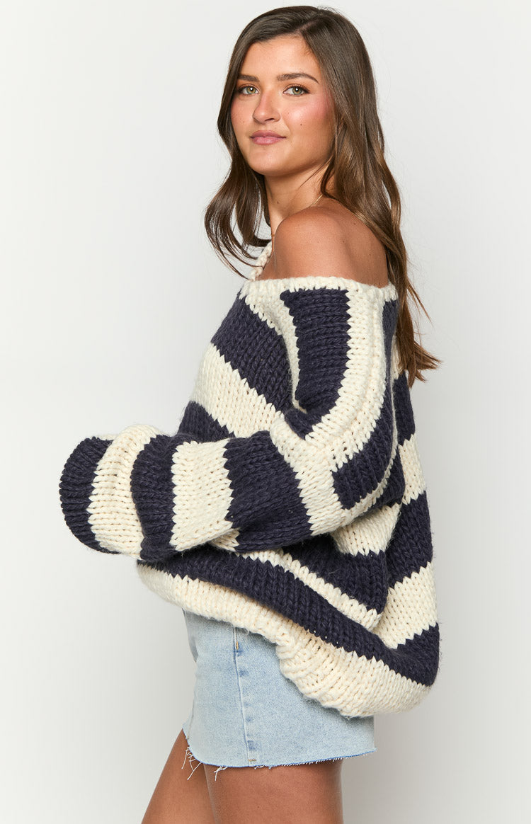 Delvey Navy Striped Chunky Knit Sweater Image